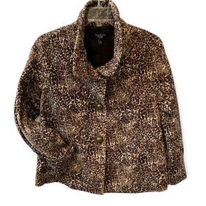 Talbots Petites velvet-like leopard print fully lined button up swing coat- 4P